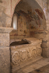 Obraz premium View of the frescoes inside Saint Nicholas (Santa Claus) Church at natural daylight in Demre, Antalya Turkey 