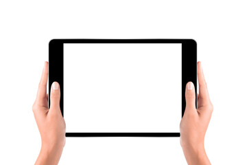 Hands holding digital tablet with blank screen on white background