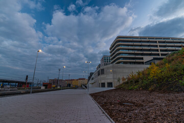 New pedestrian underpass and buildings in station in capital Prague