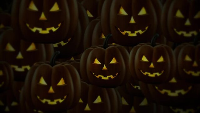 Scary dark Halloween pumpkins motion background animation. Evil, menacing pumpkins with flaming eyes. Full HD and a seamless loop.