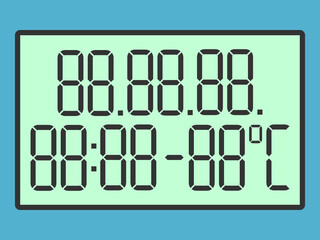 Green digital display template with digits, date, time and temperature. Weather, climate, meteorology concept. Flat design. Vector illustration. EPS 8, no gradients, no transparency