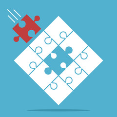 Missing red puzzle piece flying to its niche. Solution, assimilation, finding niche, creativity and teamwork concept. Flat design. Vector illustration. EPS 8, no gradients, no transparency
