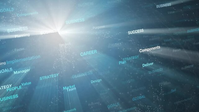 Shining bright blue business concept success economy strategy word cloud copy space animation background.
