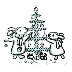 Rabbits decorate a Christmas tree on a white background.