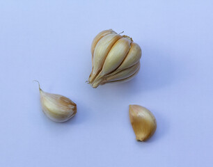 Organic garlic. Fresh garlic cloves and garlic bulb on white background, healthy eating, copy space