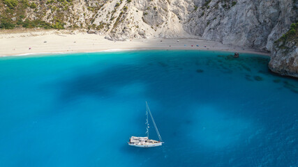 Fototapeta premium Aerial drone photo of paradise secluded sandy beach of Milos in island of Lefkada, Ionian, Greece