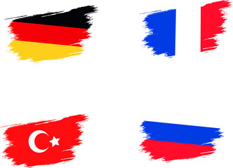 grunge brush flag concept Turkey, Germany, Russia, France. White background
