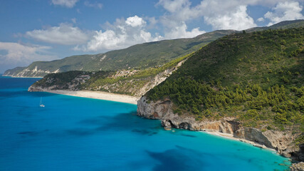 Fototapeta premium Aerial drone photo of paradise secluded sandy beach of Milos in island of Lefkada, Ionian, Greece