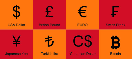 Most used currency symbols,World currencies black and white vector
