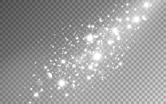 Silver sparkles. White stardust effect. Christmas light with glitter and silver stars. Magic glowing particles for greeting card, poster or brochure. Vector illustration