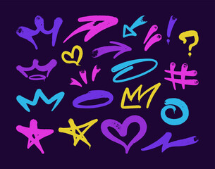 multicolored graffiti elements set spray,arrows,crown,heart and stars, bright colored Vector illustration