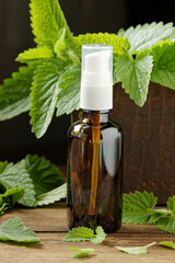 Bottle with lemon balm essential oil or tonic water for skin care on rustic wooden background, closeup, natural cosmetics and naturopathy concept