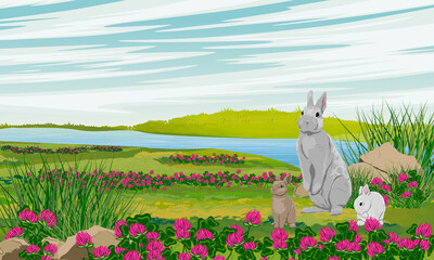 A rabbit and two bunnies are sitting in a summer meadow with clover flowers and grass on the bank of the river. Rabbits in the habitat. Realistic vector landscape © AnnstasAg