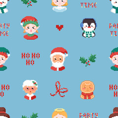 Christmas pixel art seamless pattern with Gingerbread cookie man, santa elf, granny mrs Claus, penguin, ho ho ho text and christmas wreath. Vector square tile background illustration.

