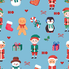 Christmas pixel art seamless pattern with Gingerbread cookie man, santa elf, snowman, penguin, candy cane and christmas wreath. Vector square tile background illustration.

