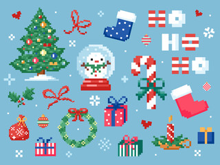 Pixel art Christmas elements clip art pack. 8 bit vintage video game style decorations set like christmas tree, socks, candy cane, gift, christmas wreath, snow globe. Vector pixel art cute stuff
