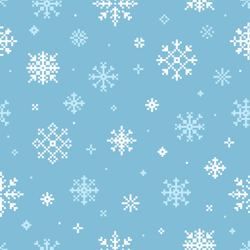 Christmas pixel art seamless pattern with mosaic falling snowflakes. Vector square tile background repeat winter illustration.
