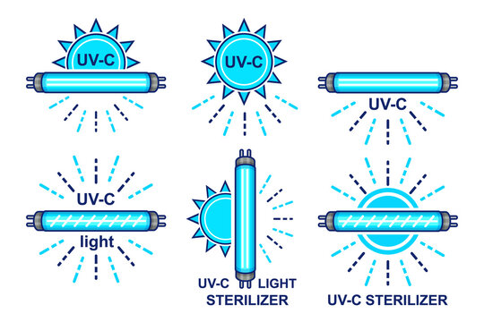 UV disinfection light bulb, quartz sterilizer lamp icon set. UVC ultraviolet antibacterial sterilization rays disinfect air, cleaning surface. Coronavirus, bacteria killing. Hospital hygiene. Vector