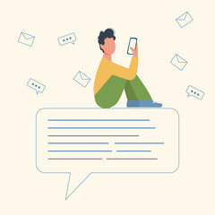 Young boy sending messages via smartphone sitting on text bubble or cloud. Online chat communication template. Typing sms on mobile phone via messenger flat vector illustration. Chatting online.