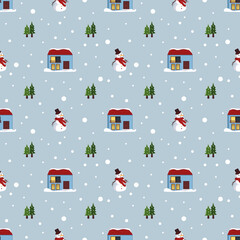 Seamless pattern with festive Christmas houses, snowman, trees and snowflakes on blue background. Bright print for the New Year and winter holidays for wrapping paper, textiles and design.