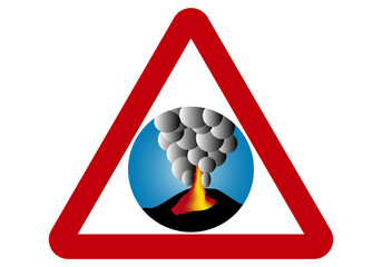 Símbolo de peligro de volcán en erupción sobre fondo blanco