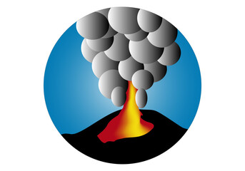 Símbolo de volcán en erupción con lava y humo o gases