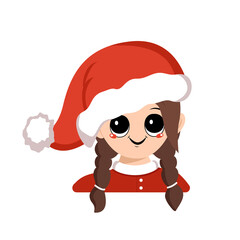 Girl with big eyes and wide happy smile in red Santa hat. Cute kid with joyful face in festive costume for New Year and Christmas. Head of adorable child with joyful emotions