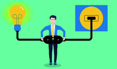 Problem solving idea, invent new innovation or thinking about new business idea concept, solution, smart leader businessman connect electricity to light up idea lightbul