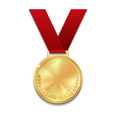 Vector gold medal on red ribbon with laurel wreath. - obrazy, fototapety, plakaty