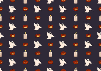 Fototapeta na wymiar Bright dark pattern with pumpkins, ghosts and candle. Festive autumn decoration for Halloween. Holiday October background for paper print, textile and design