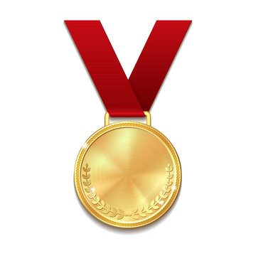 Vector gold medal on red ribbon with laurel wreath.