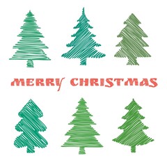 Hand drawn set of Christmas trees and Quote. Holidays background and Greetings. Abstract doodle drawing woods and text. Vector illustration isolated on white background. 