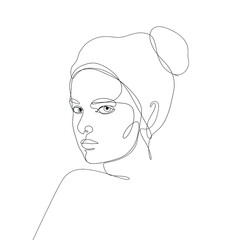  One line hand drawn woman face. Minimalist vector illustration isolated on white background. 