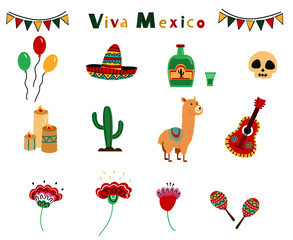 A set of Mexico elements. Viva Mexico. Sombrero, maracas, guitar, tequila, skull, llama, candles, flowers. Isolated on white. Fiesta celebration.