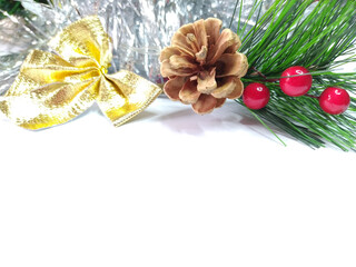 Christmas background with space for text. New Year's decor: tree, garland, tinsel, bow. The concept of a festive mood.