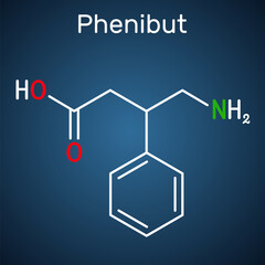 Phenibut molecule. It is central nervous system depressant with anxiolytic and sedative effects. Structural chemical formula on the dark blue background