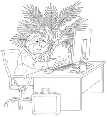 Funny sloth in a business suit sitting at its desk and working on a computer in an office with a palm tree, black and white vector cartoon illustration for a coloring book page