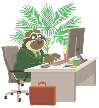 Funny sloth in a business suit sitting at its desk and working on a computer in an office with a palm tree, vector cartoon illustration isolated on a white background
