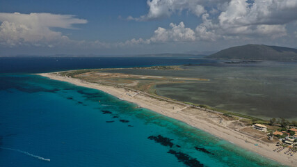 Aerial drone photo of paradise bay and sandy beach of Agios Ioannis a true paradise for wind surfing and kite boarding water sports, Lefkada island, Ionian, Greece