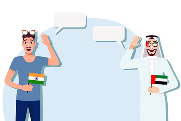 Men with Indian and UAE flags. The concept of international communication, education, sports, travel, business. Dialogue between India and the UAE. Vector illustration.
