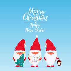 Christmas gnomes. Greeting card for New Year and Christmas