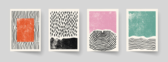 Set of abstract hand drawn compositions. Minimal geometric posters. Boho wall decor.
