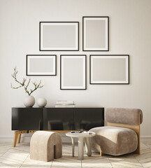 mock up poster frame in modern interior background, living room, Scandinavian style, 3D render, 3D illustration