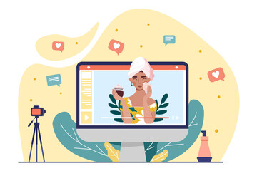 Beauty blogger concept. Girl shows how to properly care for skin, cosmetics advertising. Woman applying powder to her face, review. Cartoon flat vector illustration isolated on white background