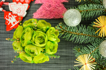 Green bouquet of flowers on a Christmas background.