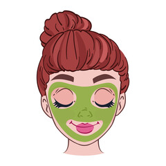The face of a cute girl with a green cosmetic mask on her face. Vector illustration of characters in cartoon childish style.