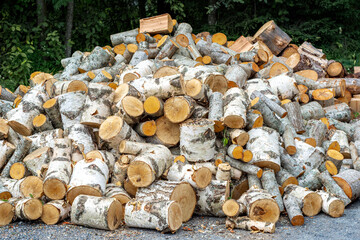 Large pile of randomly thrown firewood from birch logs of various sizes.