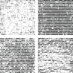 Fototapeta premium Set of black grunge horizontal stripes. Distress texture of spots, stains, ink, dots, scratches. Design element for pattern, grungy effect, template, background. Vector illustration