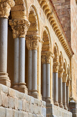 Atrium detail of the Romanesque church of San Esteban, with the capitals mostly decorated with medieval engravings of zoomorphic and vegetal motifs. Segovia, Spain.