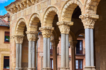 Atrium detail of the Romanesque church of San Esteban, with the capitals mostly decorated with medieval engravings of zoomorphic and vegetal motifs. Segovia, Spain.